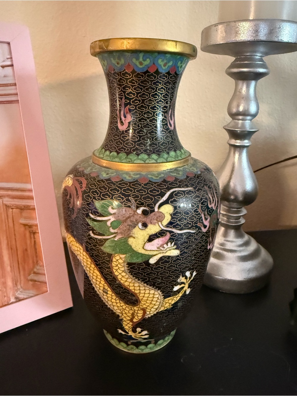 Cloisonné Dragon Accent Vase in Black and Gold